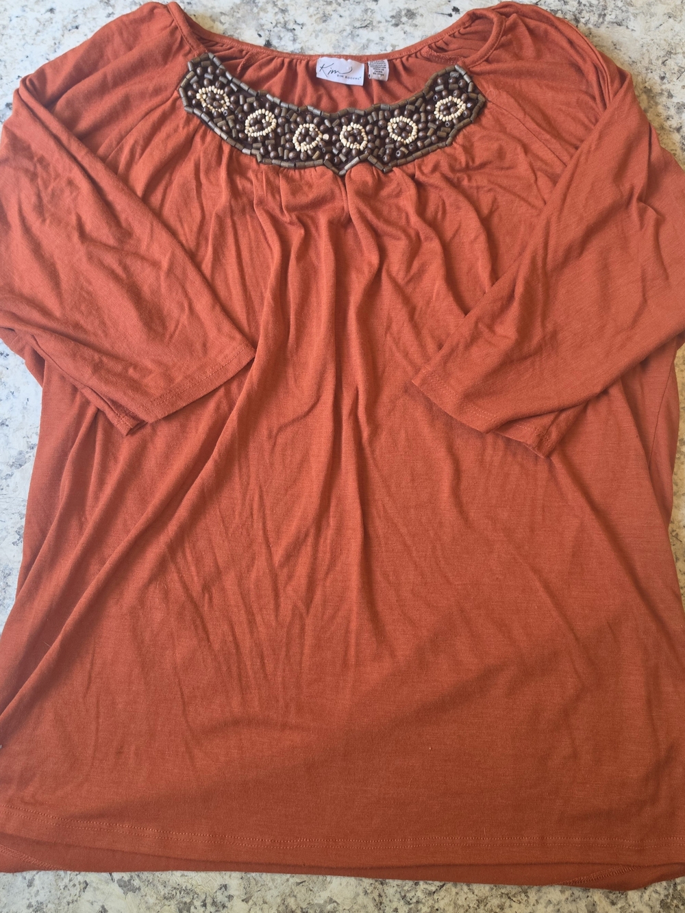 Kim Rogers Beaded Neckline Top - Rust / Burnt Orange (Size Large)